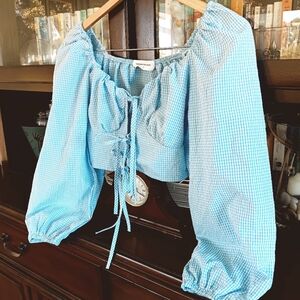 Goodnight Macaroon Blue & White Gingham Tie Front Balloon Puff Sleeve Crop Top